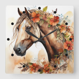 Relógio Quadrado Belo Cavalo com Bonito Flor Aquarela