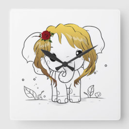 Relógio Quadrado Belo elefante bebê fêmea com cabelo amarelo