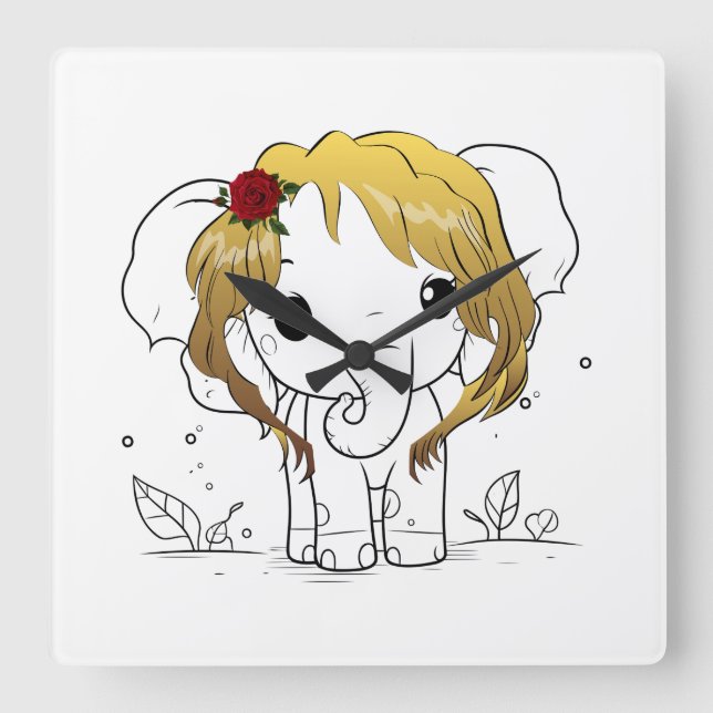 Relógio Quadrado Belo elefante bebê fêmea com cabelo amarelo (Frente)