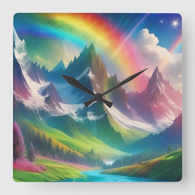 Relógio Quadrado Belo Rainbow Fantasy Realm (Frente)