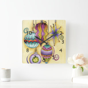 Relógio Quadrado Belos enfeites de Natal coloridos de vidro