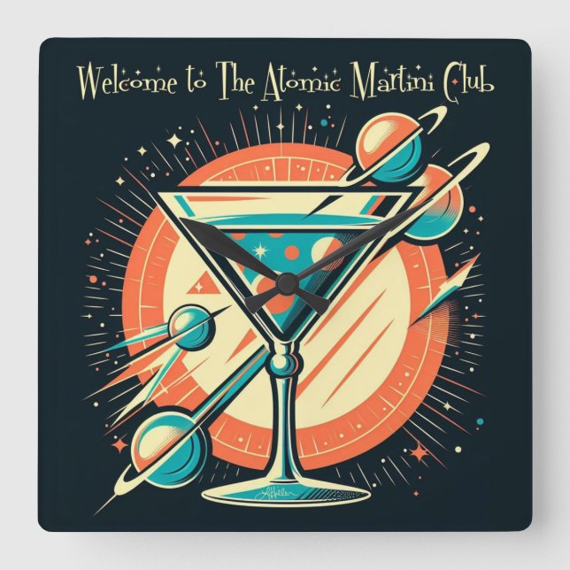 Relógio Quadrado Bem-vindo ao Clube do Martini Atômico Era Espacial (Frente)