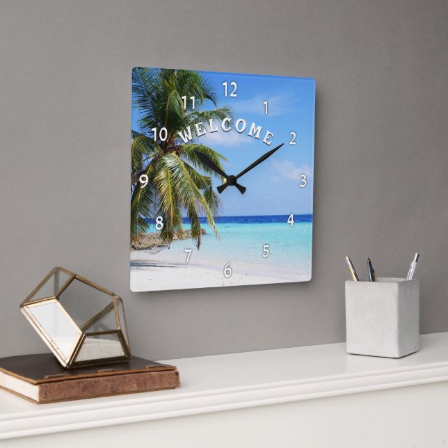 Relógio Quadrado Bem-vindo, Ilha Beach Palm Tree Wall Clock (Escritório)
