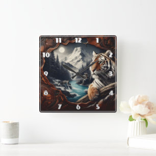 Relógio Quadrado Bengal Tiger Relaxando Próximo à Corrente de Monta