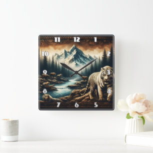 Relógio Quadrado Bengala Tigres Perto da Corrente das Montanhas na