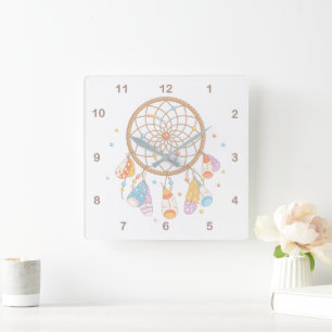Relógio Quadrado Berçário tribal 2 do bebê de Dreamcatcher Boho