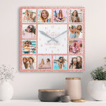 Relógio Quadrado Besties de Colagem de Fotografias Personalizadas E<br><div class="desc">Torne esta tendência elegante,  branca e rosa pincelada,  falso cintilante,  relógio de colagem de fotos único com 12 das suas fotos favoritas com o(s) seu(s) melhor(s) amigo(s). O design também apresenta o moderno roteiro de Besties,  seus nomes e a data que você conheceu.</div>