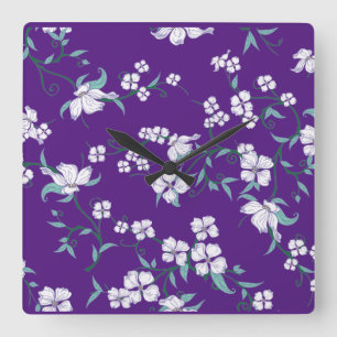 Relógio Quadrado Bestseller design azul roxo floral para o casament