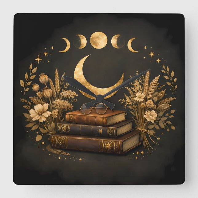 Relógio Quadrado Biblioteca Mística Dourada & Arte Boho Botânica da (Frente)