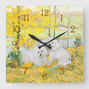 Relógio Quadrado Bichon Frise Madeira Amarela