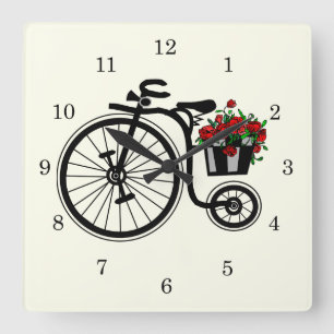Relógio Quadrado Bicicleta Romântica de Flores de Vintagem -