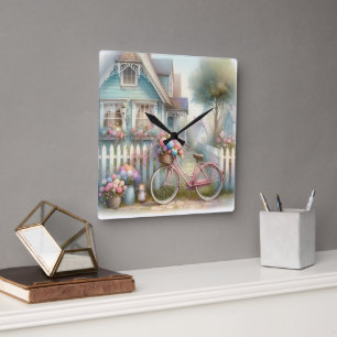 Relógio Quadrado Bicicleta Rosa na Porta Azul de Algodão