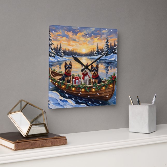 Relógio Quadrado Biewer Terrier Christmas Boat Holiday (Escritório)