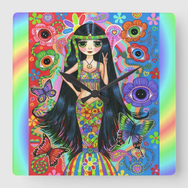 Relógio Quadrado Big Eye Hippie Mermaid Girl Sign 1960 (Frente)