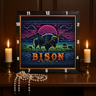 Relógio Quadrado Bison Buffalo Neon Bison Sunset