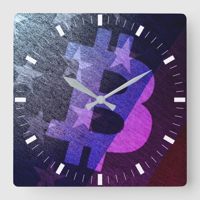 Relógio Quadrado Bitcoin América ₿ (Neon) (Frente)