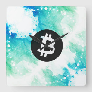Relógio Quadrado Bitcoin Aquarela (Estilo 5 - Wave Rider)