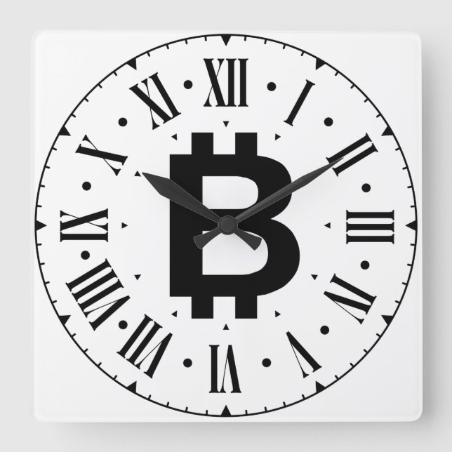 Relógio Quadrado Bitcoin B Bold Roman Numeral Wall Clock (Frente)