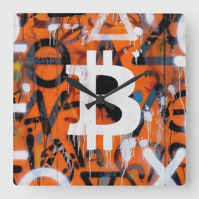 Relógio Quadrado "Bitcoin Graffiti" (Estilo #2) Arte de Rua (Frente)