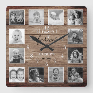Relógio Quadrado Black And White 12 Photo Collage Family Name Wood