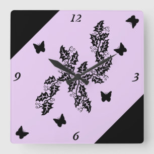 Relógio Quadrado black Butterfly on Purple