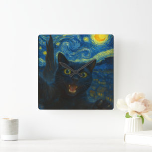 Relógio Quadrado Black Cat Starry Night Van Gogh Cat Selfie