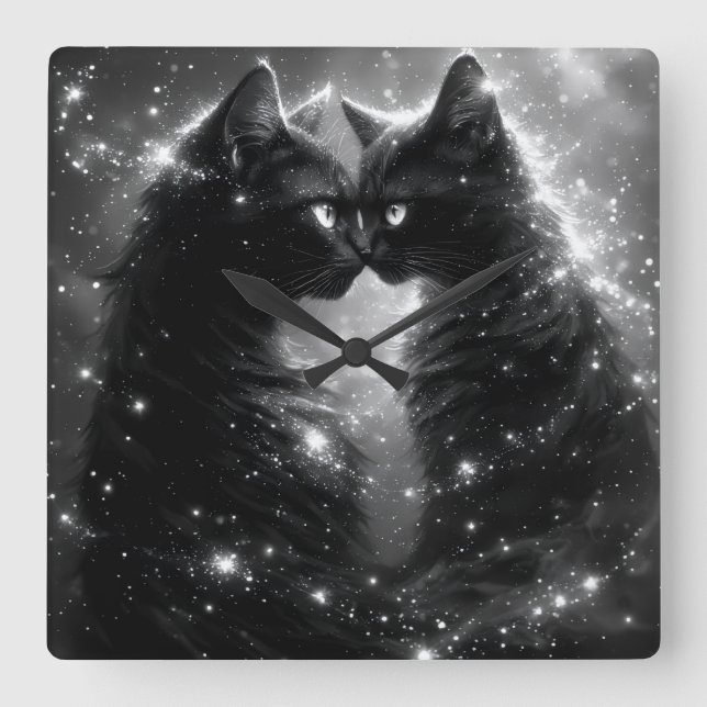 Relógio Quadrado Black Whimsical Cat Clock (Frente)