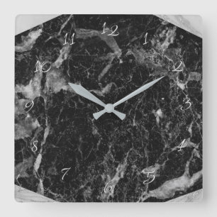 Relógio Quadrado Black White & Silver Marble Modern Glam
