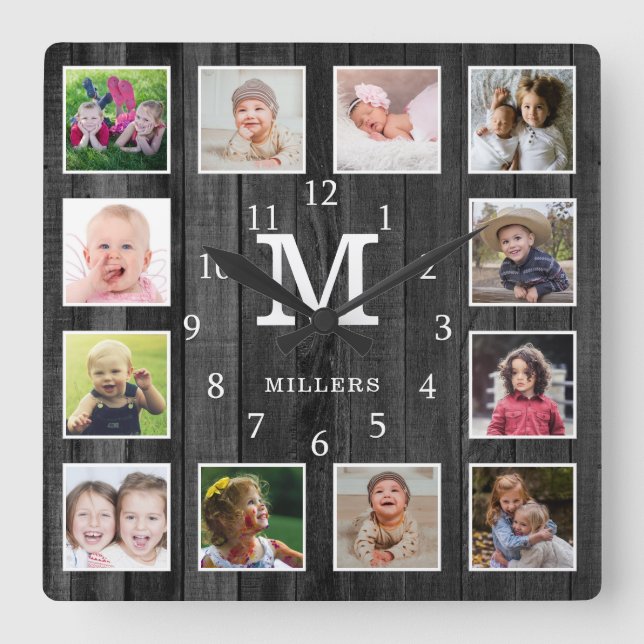 Relógio Quadrado Black Wood 12 Photo Collage Family Name Monogram  (Frente)