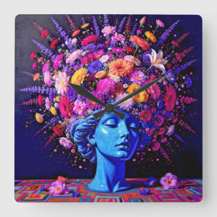 Relógio Quadrado "Bloom of Eternity" - Um Retrato Surreal Colorido