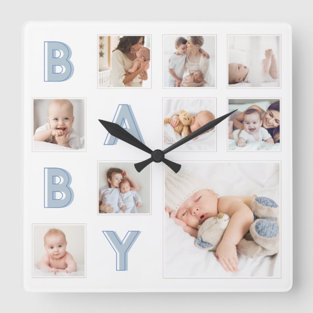Relógio Quadrado Blue Baby Letters Newborn Baby Photo Grid Collage (Frente)