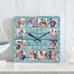 Relógio Quadrado Blue Beach Driftwood Planks Russo Náutico<br><div class="desc">Crie facilmente o seu próprio relógio de parede, ao estilo da casa do lago, rústico e azul, com as suas fotos personalizadas. O modelo usa um filtro de fotos para criar uma aparência mais coordenada. Para obter os melhores resultados, recorte as imagens para o quadrado - com o ponto de...</div>