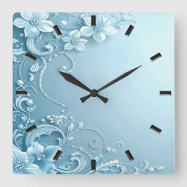 Relógio Quadrado Blue Decorative Floral Wall Clock