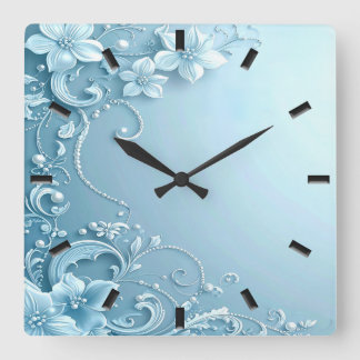 Relógio Quadrado Blue Decorative Floral Wall Clock