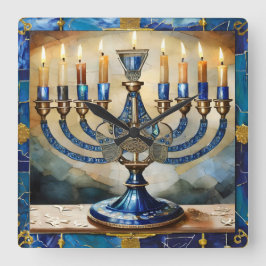 Relógio Quadrado Blue Hanukkah Menorah