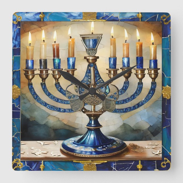 Relógio Quadrado Blue Hanukkah Menorah (Frente)