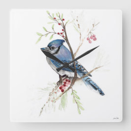 Relógio Quadrado Blue Jay Bird Watercolor Art Square