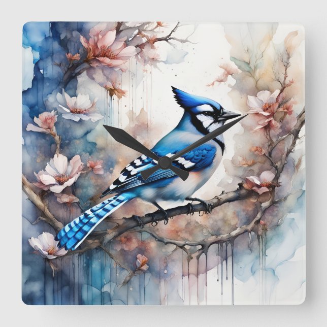 Relógio Quadrado Blue Jay Cherry Blossoms aquarela (Frente)
