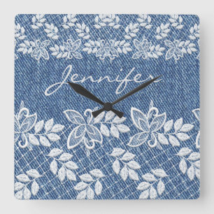 Relógio Quadrado Blue Jean Denim Lace Wall Clock