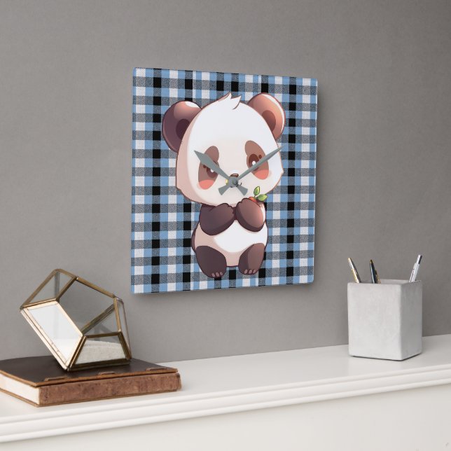 Relógio Quadrado Blue Plaid Panda (Escritório)