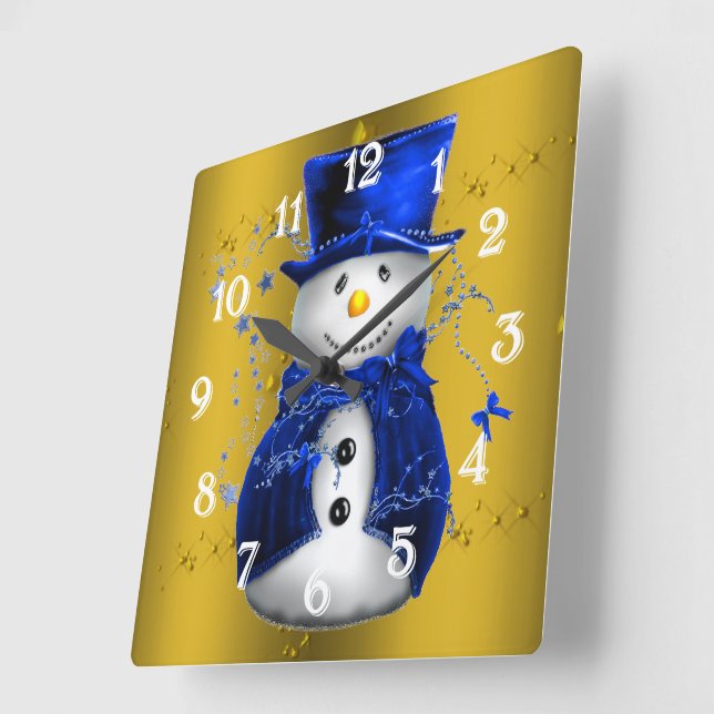 Relógio Quadrado Blue Snowman no Dourado Natal (Ângulo)