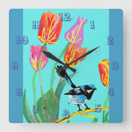 Relógio Quadrado Blue Wren Watercolor Bird Childrens Room Clock