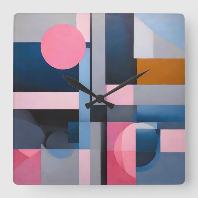 Relógio Quadrado Blues e Pinks Sutis na Abstração Geométrica (Frente)