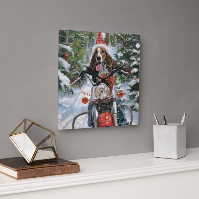 Relógio Quadrado Bluetick Coonhound Dirigindo motocicleta Natal (Escritório)