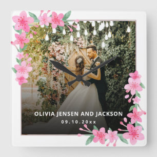 Relógio Quadrado Boas-vindas ao casamento do Frame de Ouro Floral R