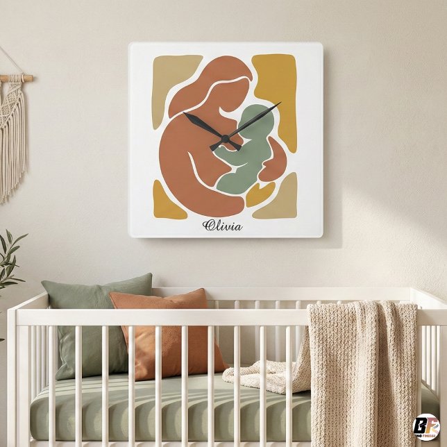 Relógio Quadrado Boho Abstrato Moderno Tons Terrosos Mãe e Bebê C (Criador carregado)