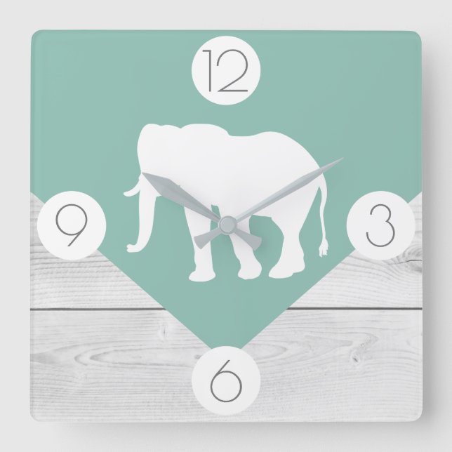 Relógio Quadrado Boho Chic Sage Green & White Wood Impressão Elepha (Frente)
