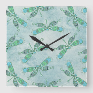Relógio Quadrado Boho Dragonflies em azul