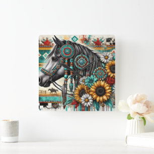 Relógio Quadrado Boho Horse Sunflower