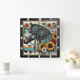 Relógio Quadrado Boho Horse Sunflower